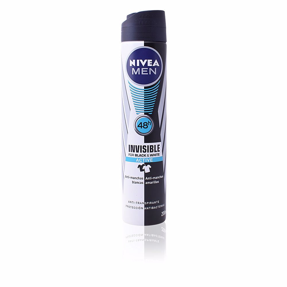 Nivea Men Black White Invisible Active Spray (1 x 200 ml) desodorante antimanchas de cuidado masculino, desodorante invisible para proteger la piel y la ropa