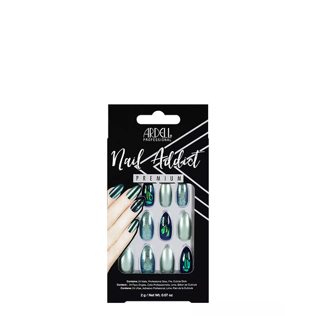 24 uñas postizas premium de Ardell Nail Addict con brillo verde cromado