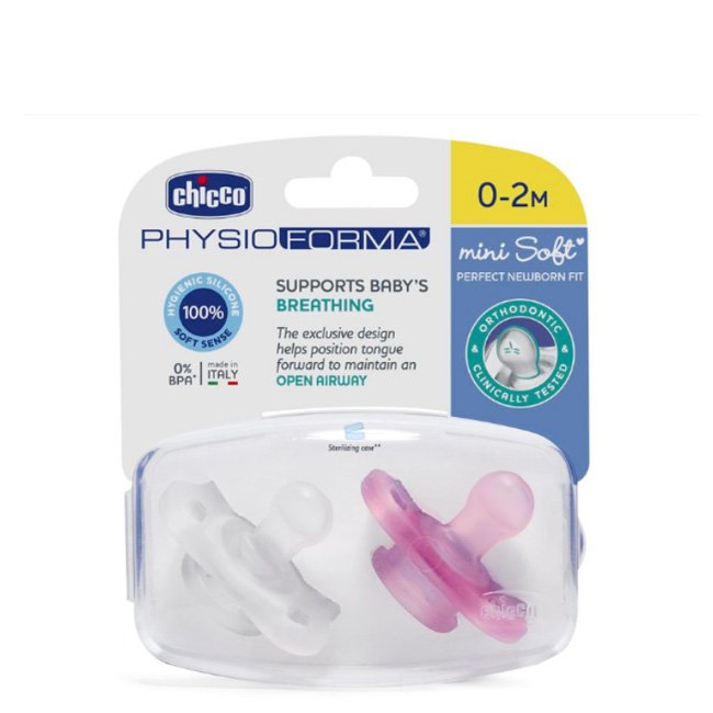 Chicco Physio Soft Forma Mini Chupeta Silicone 0-2M Rosa 2unid.