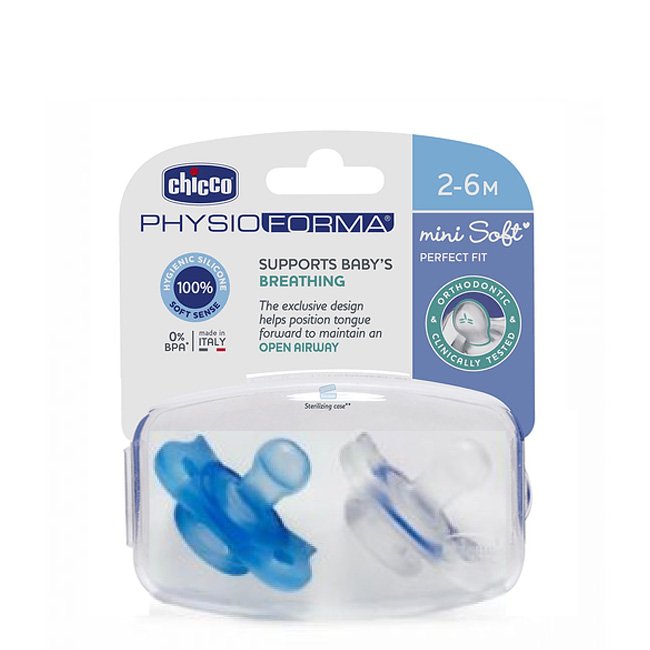 Chicco Physio Soft Forma Mini Chupeta Silicone 2-6M Azul 2unid.