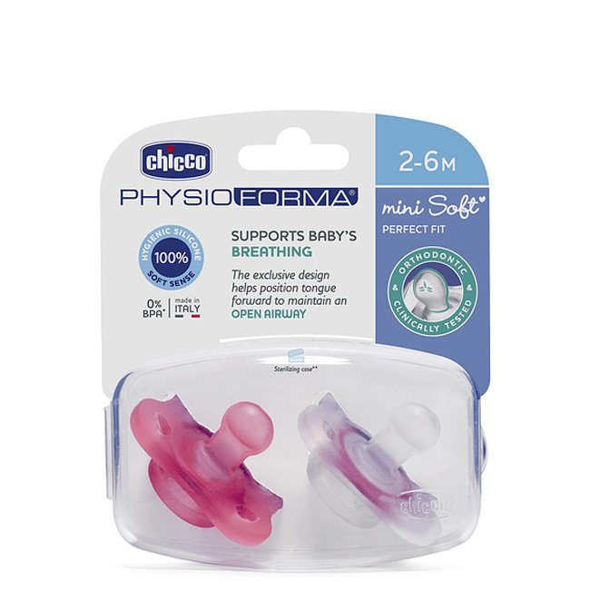 Chicco Physio Soft Forma Mini Chupeta Silicone 2-6M Rosa 2unid.