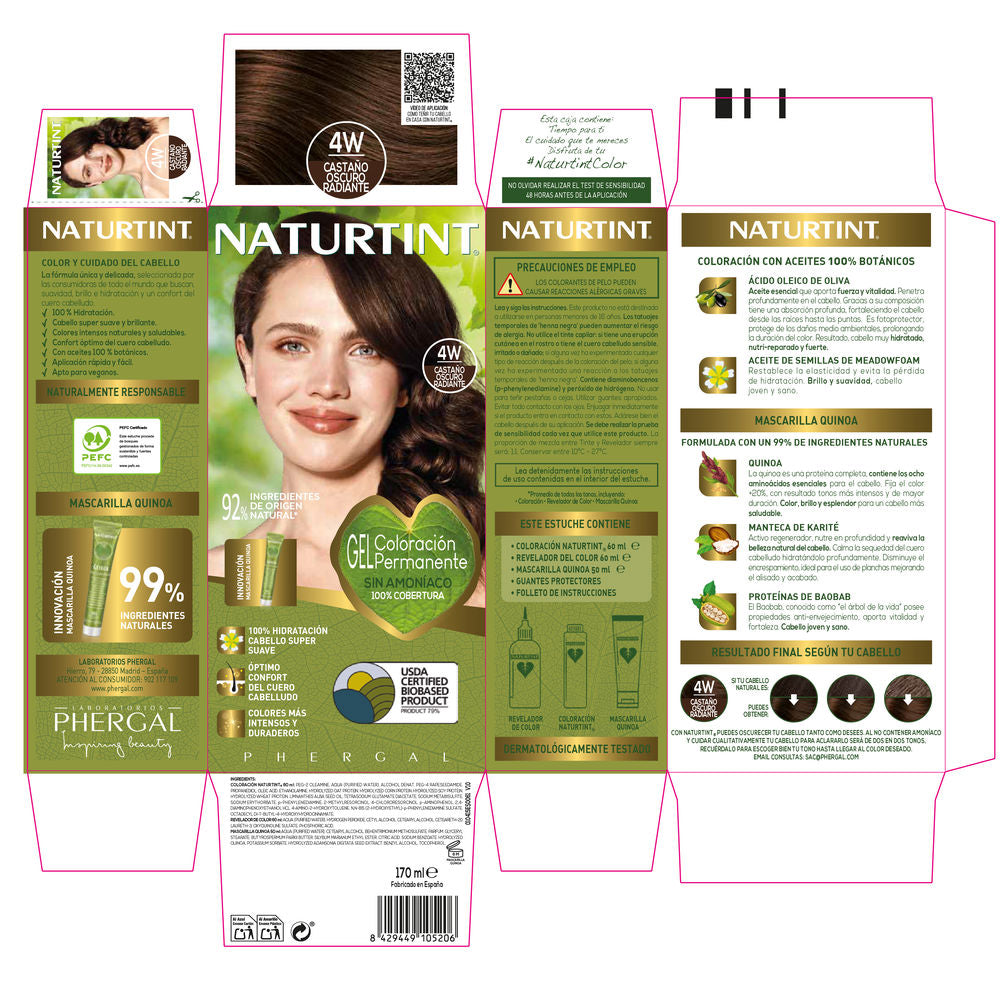 NATURTINT Biobased | Coloración Permanente Sin Amoniaco | 100% Cobertura de Canas | Tinte para el Cabello Ingredientes Naturales | Color Intenso y Duradero | 4W Castaño Oscuro Radiante | 170ml