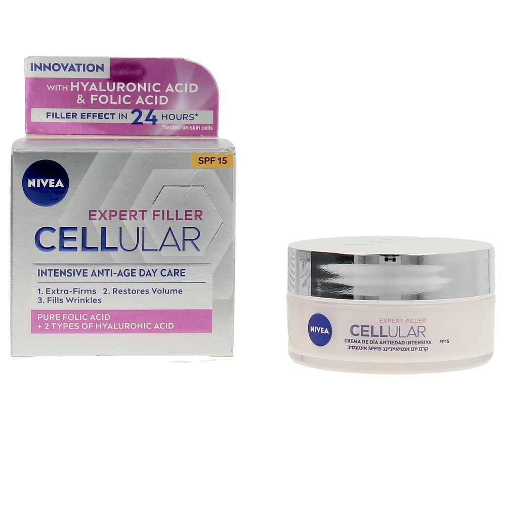 NIVEA Cellular Expert Filler - Crema de Día FP15 - Antiarrugas - Efecto Rellenador 24h - Con Ácido Hialurónico y Ácido Fólico - Crema Antiedad - Protección Solar - Todo Tipo de Pieles - 50 ml