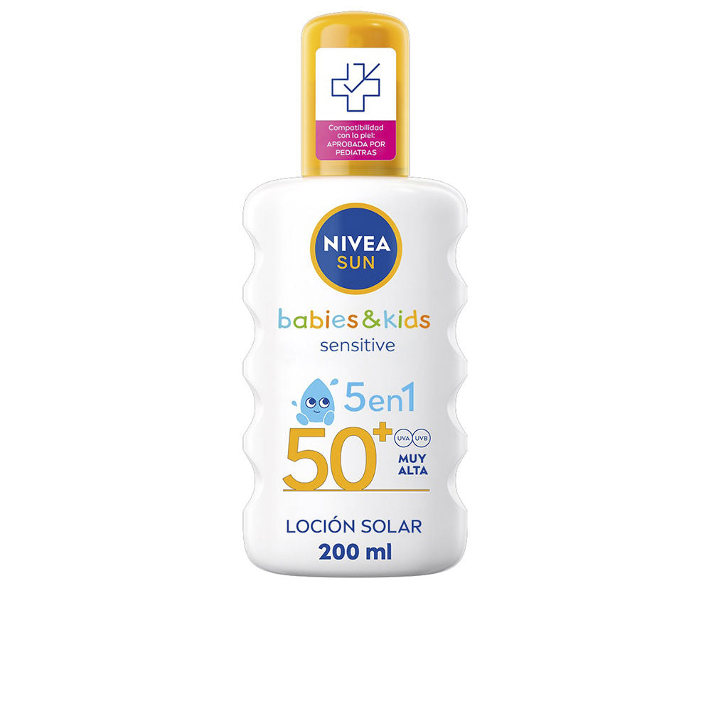 NIVEA SUN Babies & Kids Sensitive Spray Solar FP50+ (1 x 200 ml), protector solar para niños, protección solar muy alta, crema solar para bebés para reducir el riesgo de alergias solares
