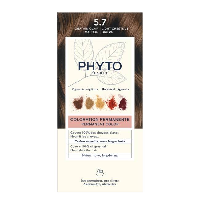 Phyto Paris - Coloración Capilar Permanente 5.7 Castaño Claro Marrón - Color Intenso, Natural y Luminoso - Tinte Sin Amoníaco Enriquecida en Pigmentos Botánicos - Kit Completo de Uso Único