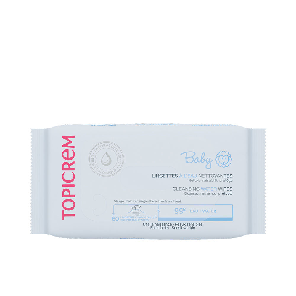 Topicrem - Baby, Toallitas de bebé con agua - Limpia, protege, refresca cara, manos y asiento - 99% agua, fibra 100% de origen vegetal, sin perfume, fabricación francesa - 60 toallitas
