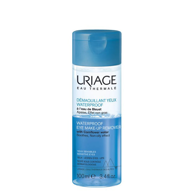 Desmaquillante de ojos waterproof de URIAGE con AGUA DE ACIANO I Elimina maquillaje resistente al agua I Deja la piel suave y no pegajosa I Sin parabenos ni perfume I Testado oftalmológicamente
