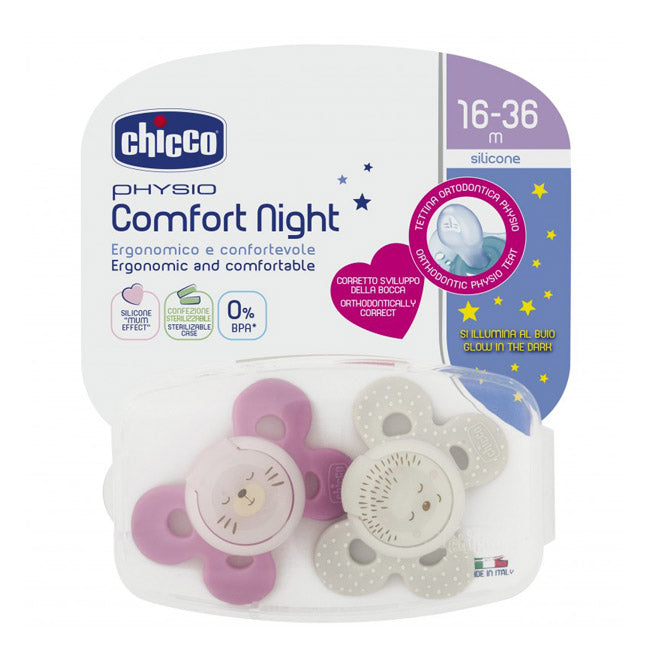 Chicco Physio Comfort Night Chupeta Silicone Girl 16-36M 2unid
